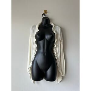 Vintage Y2K Ruffle Trim Open Front Cardigan Ivory Ribbed Romantic